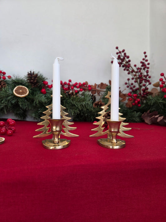 Pair of Vintage Brass Christmas Tree Candle Holders