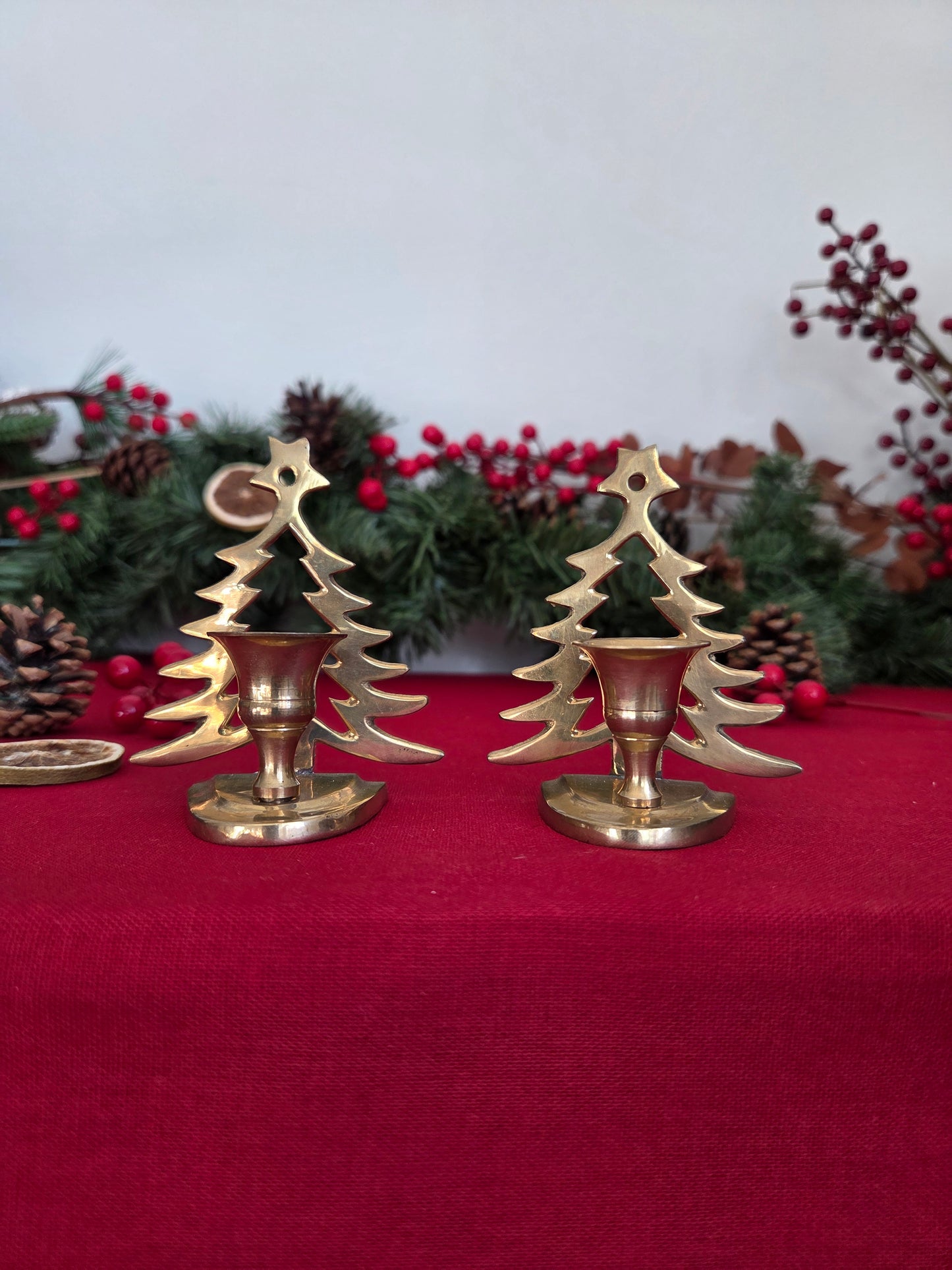 Pair of Vintage Brass Christmas Tree Candle Holders