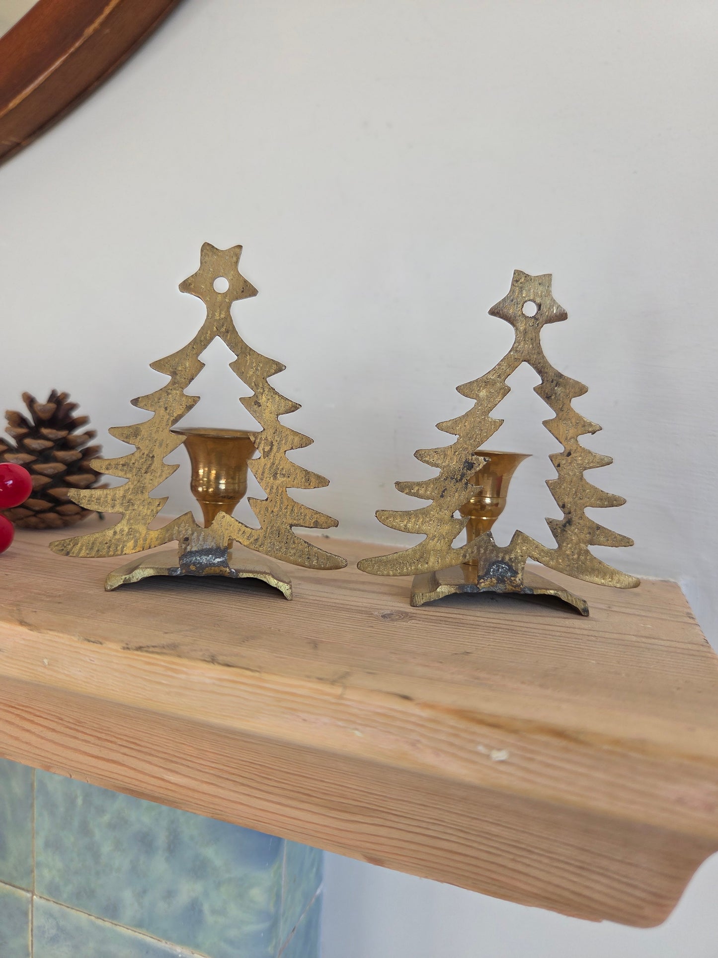 Pair of Vintage Brass Christmas Tree Candle Holders