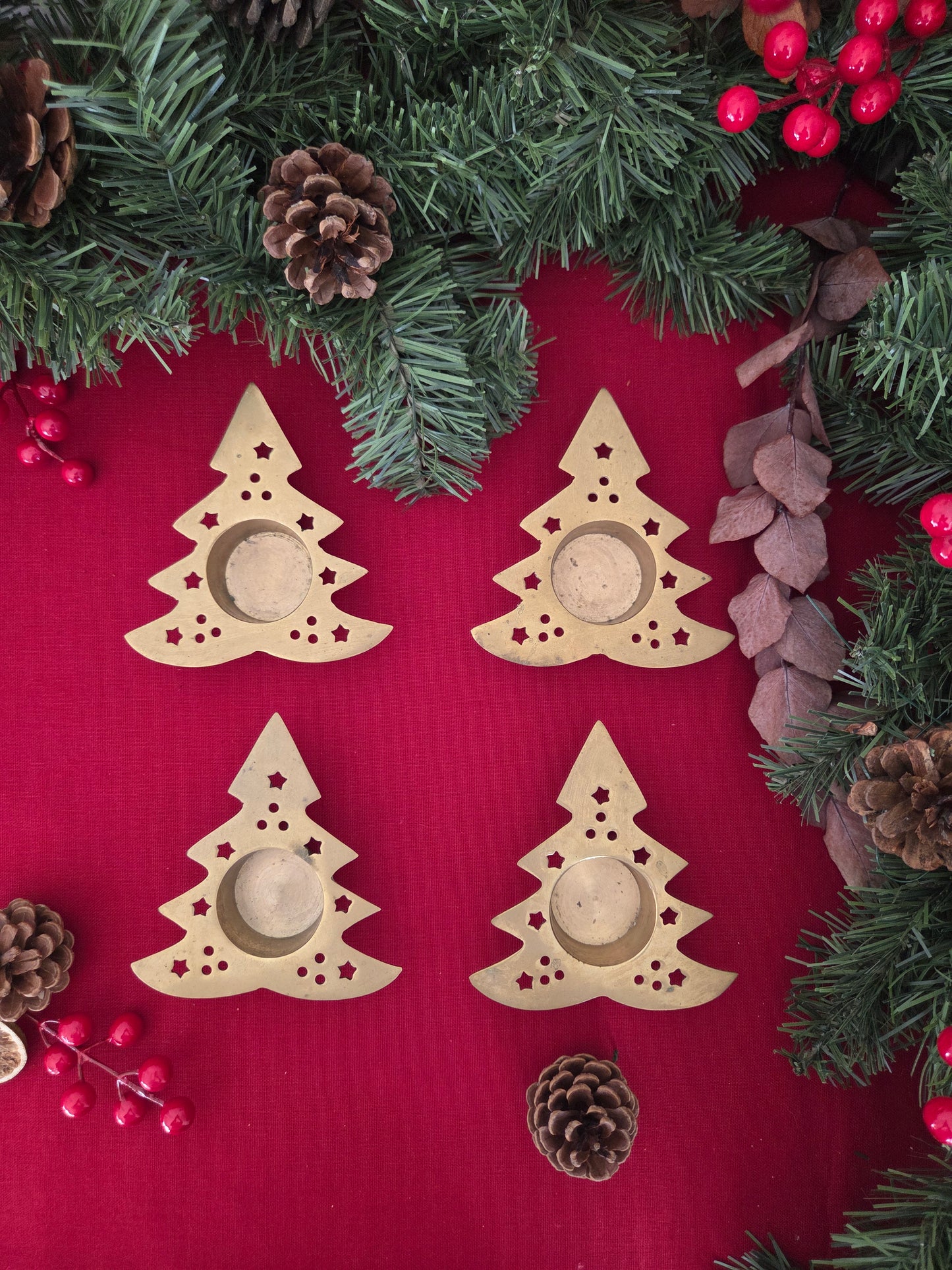 Set of 4 Brass Christmas Tree Tealight Holders