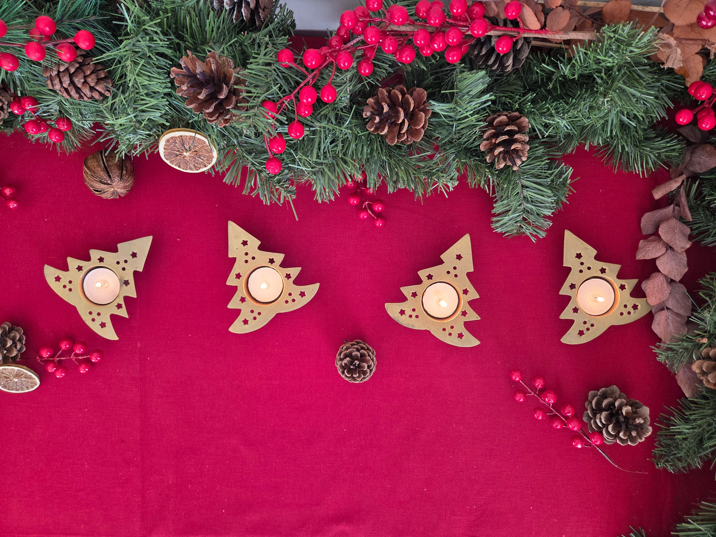 Set of 4 Brass Christmas Tree Tealight Holders