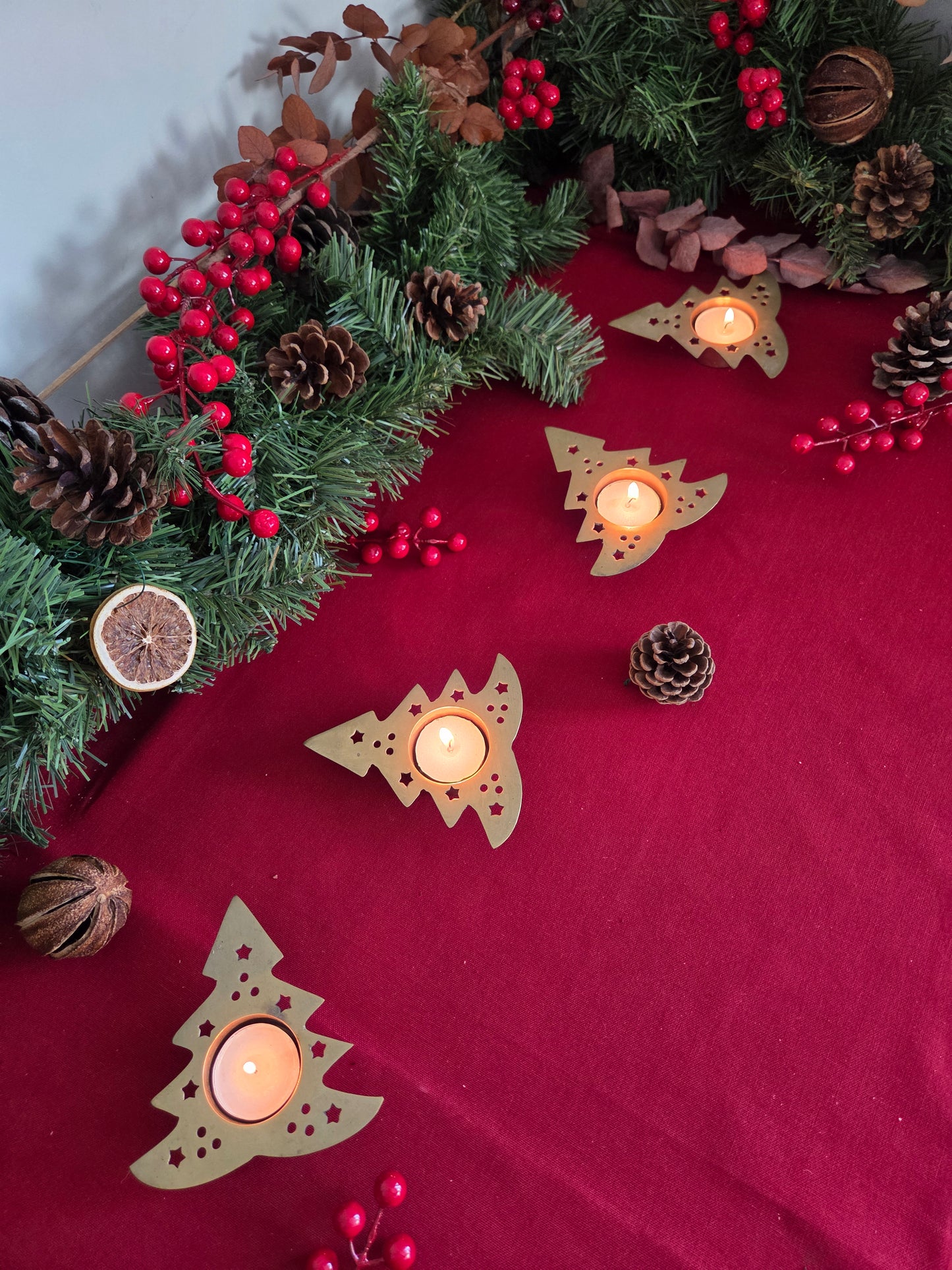 Set of 4 Brass Christmas Tree Tealight Holders