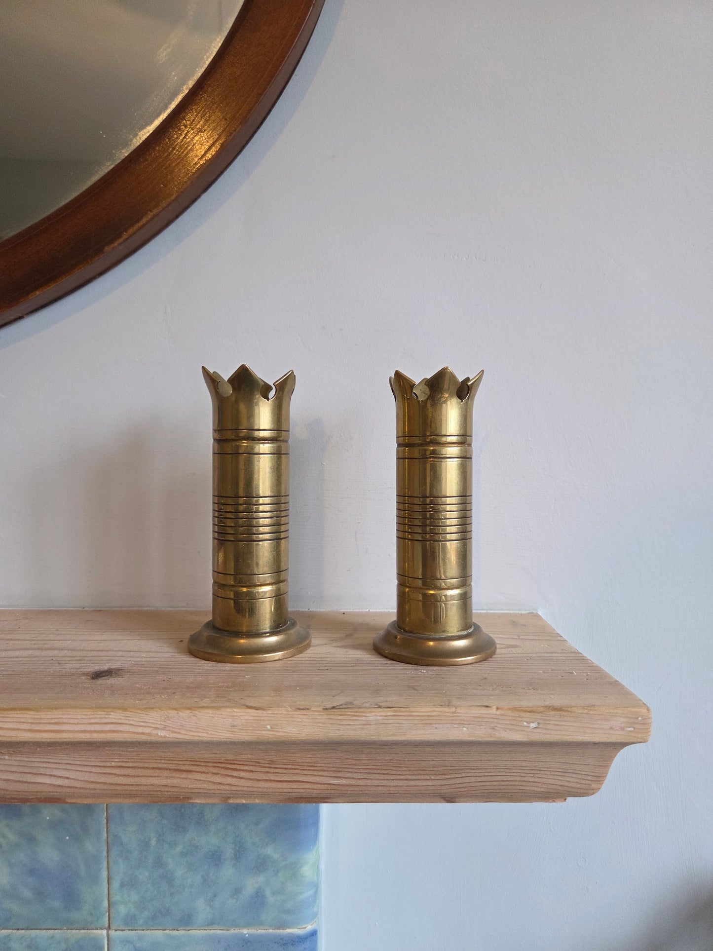 Pair of Vintage Brass Crown Candle Holders or Stem Vases