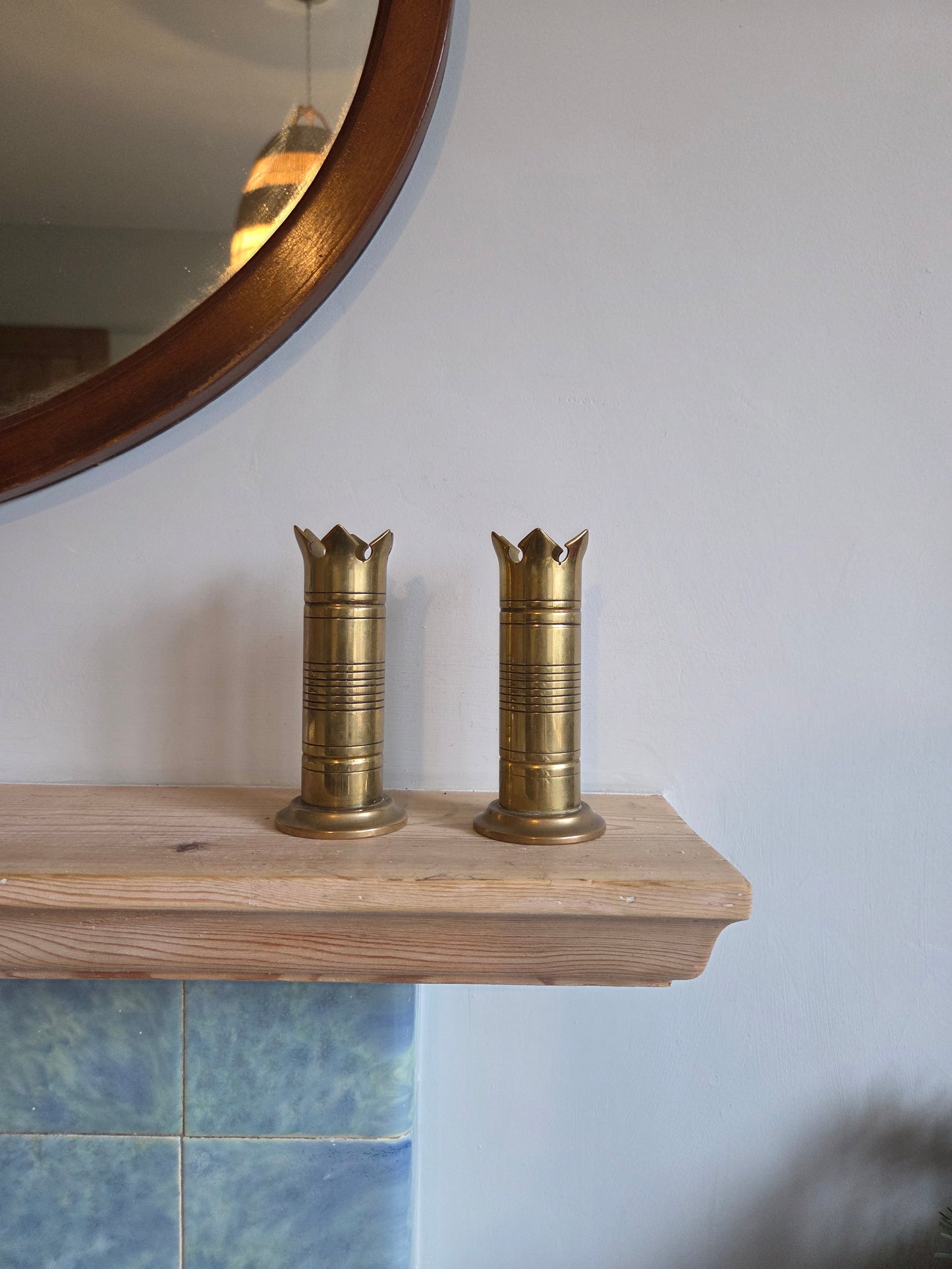 Pair of Vintage Brass Crown Candle Holders or Stem Vases