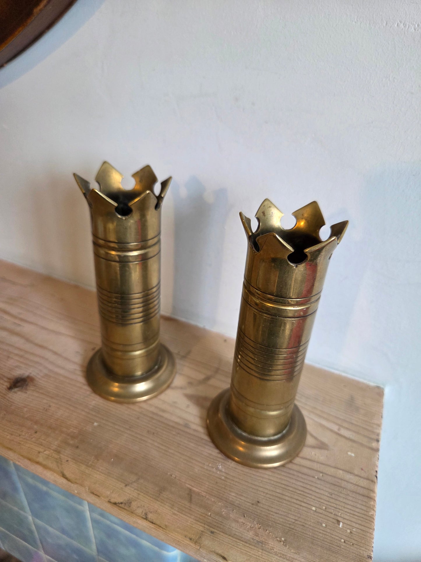 Pair of Vintage Brass Crown Candle Holders or Stem Vases