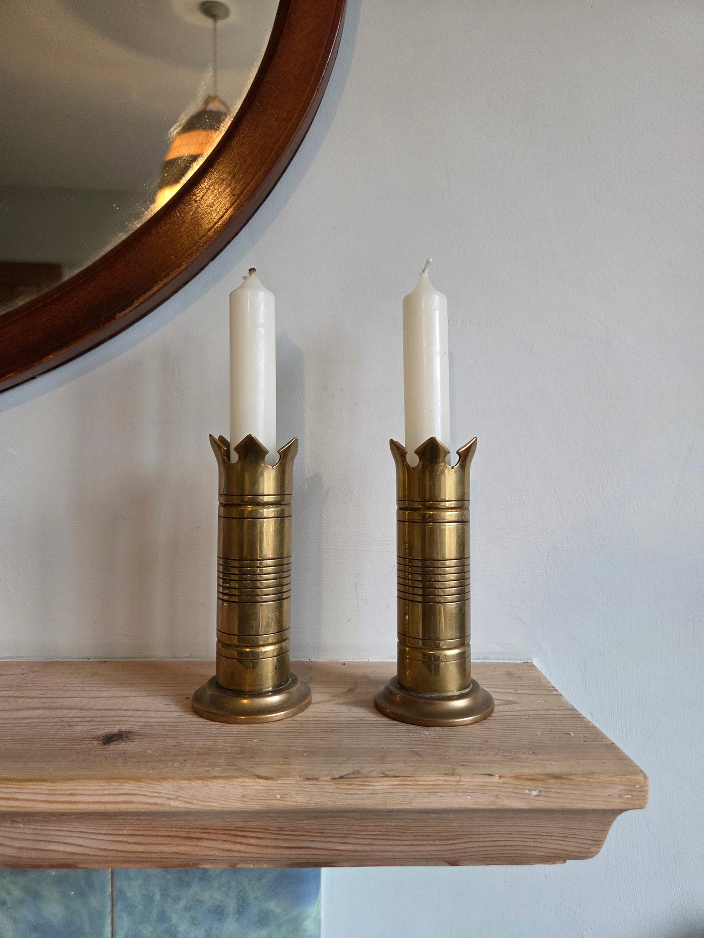 Pair of Vintage Brass Crown Candle Holders or Stem Vases
