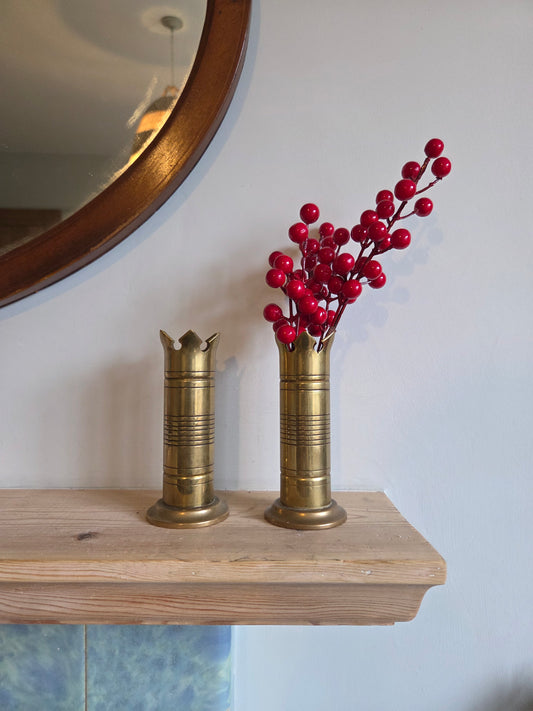 Pair of Vintage Brass Crown Candle Holders or Stem Vases