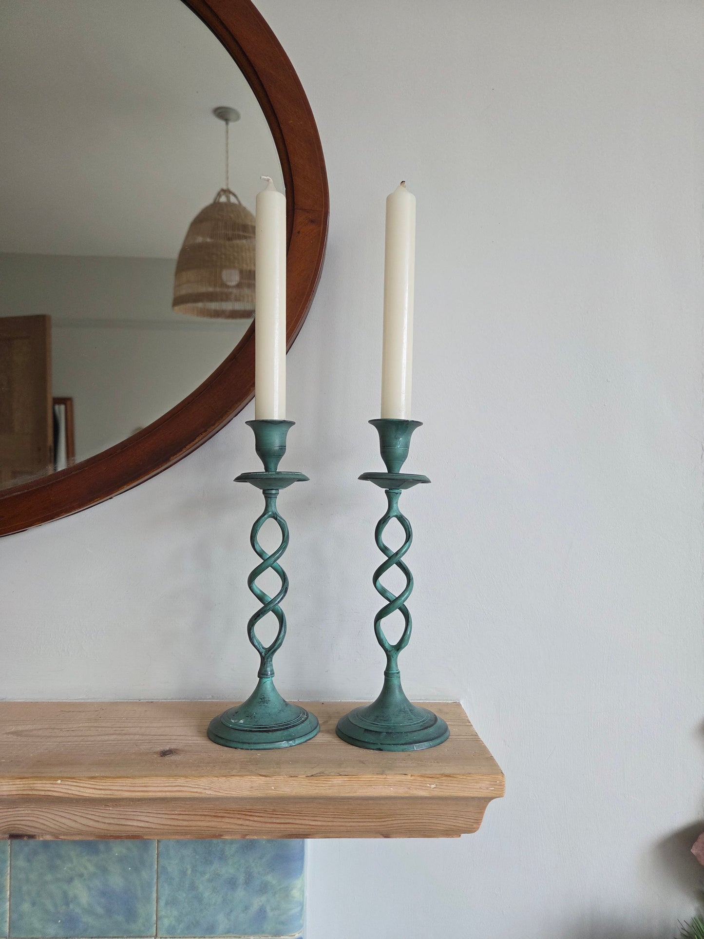 Vintage Verdigris Barley Twist Candlesticks