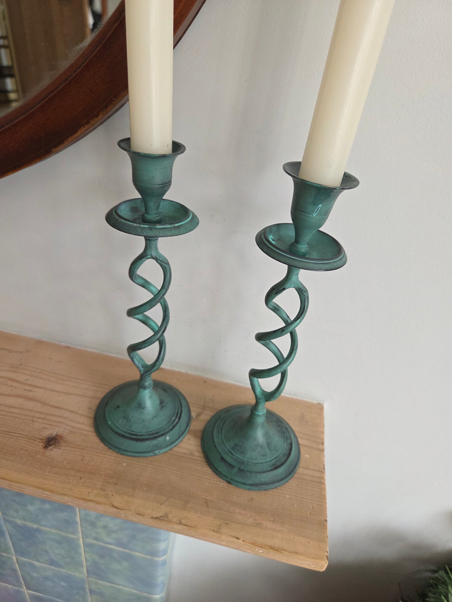 Vintage Verdigris Barley Twist Candlesticks