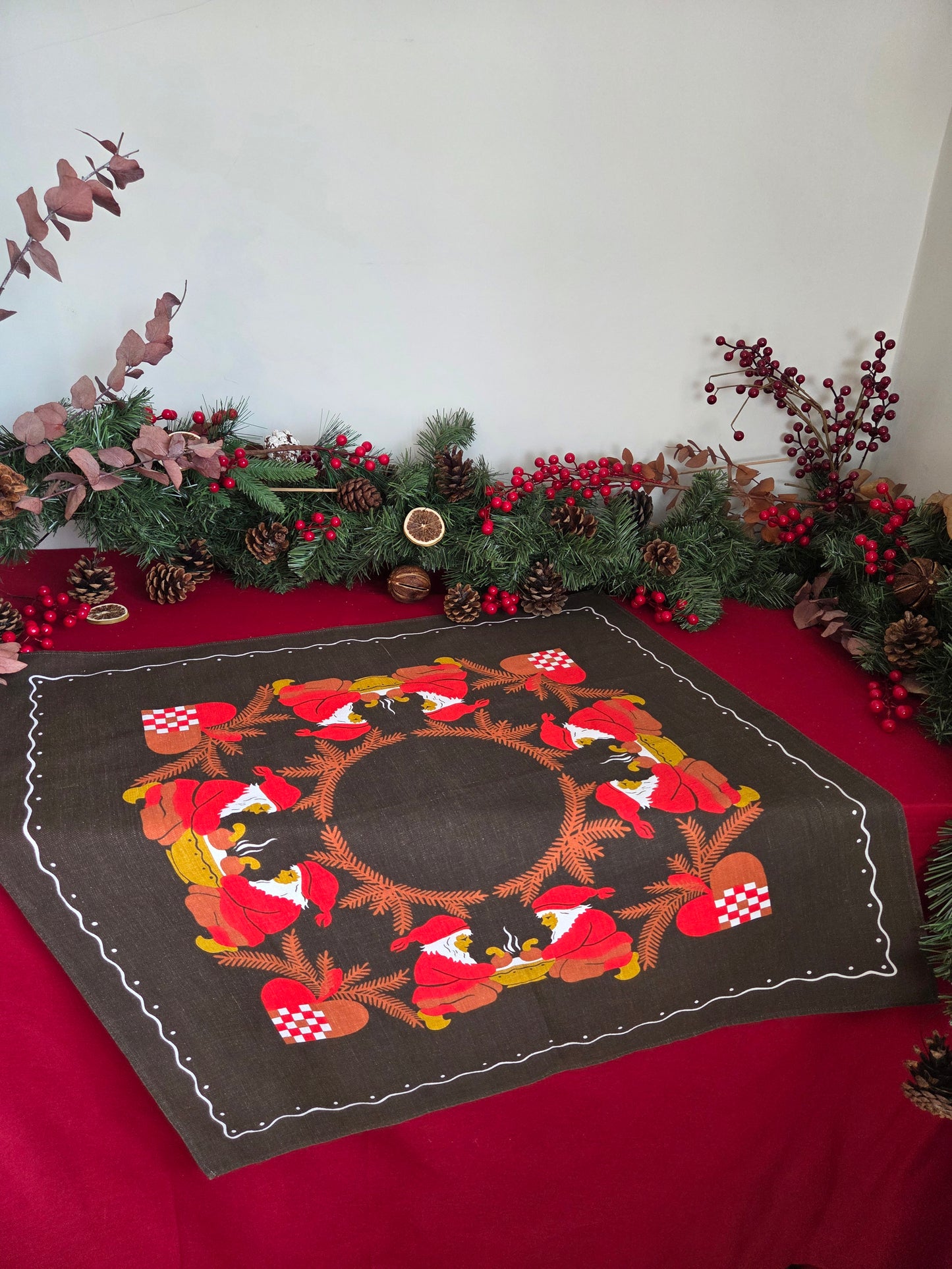 Vintage Swedish Christmas Tablecloth - Brown