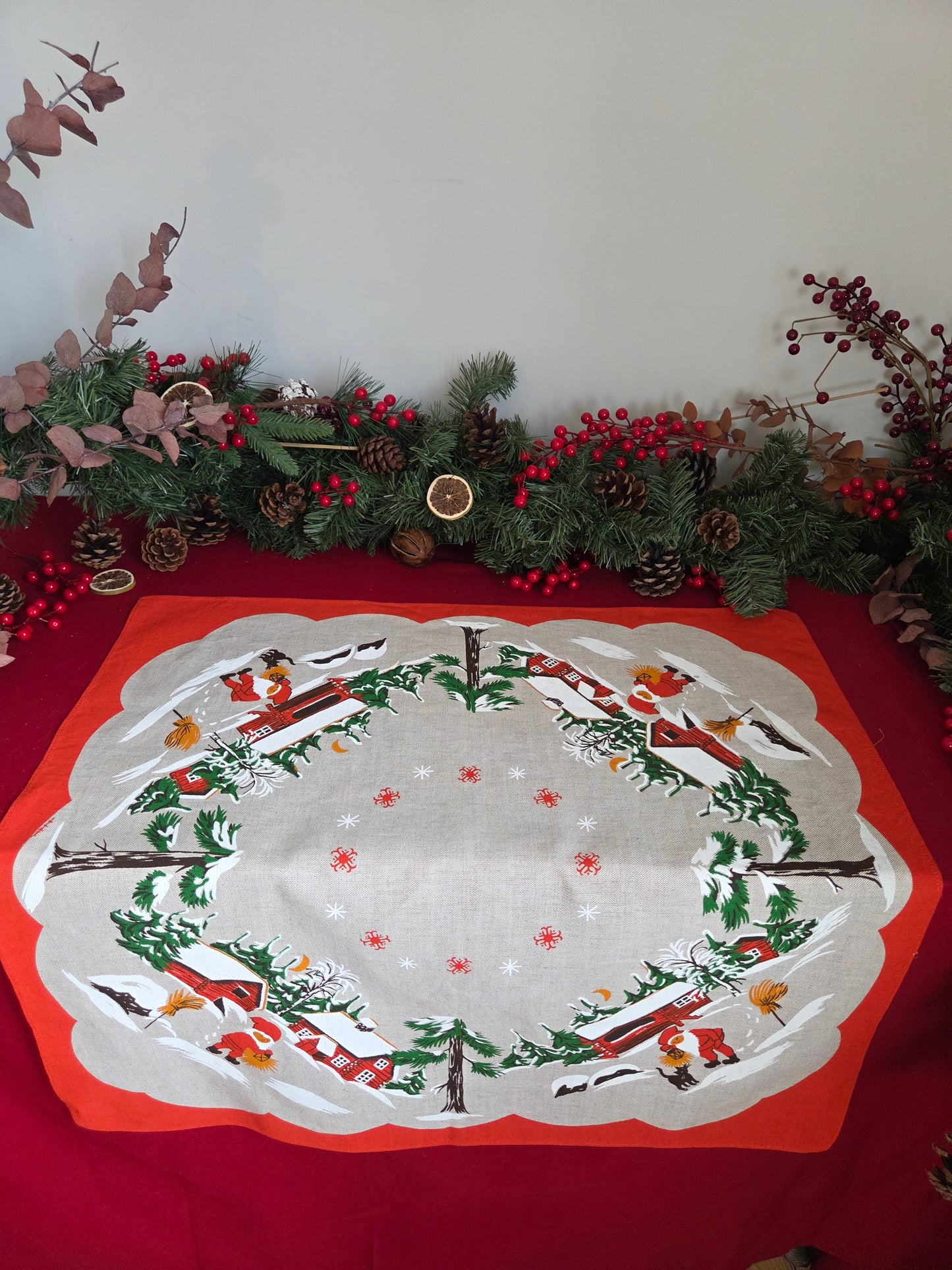 Vintage Swedish Christmas Tablecloth - Houses and Tomtes