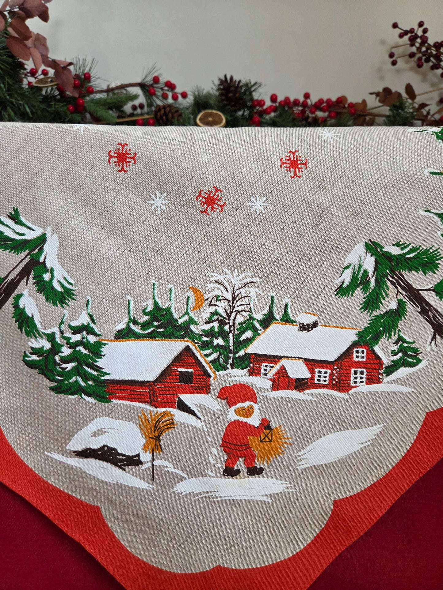 Vintage Swedish Christmas Tablecloth - Houses and Tomtes