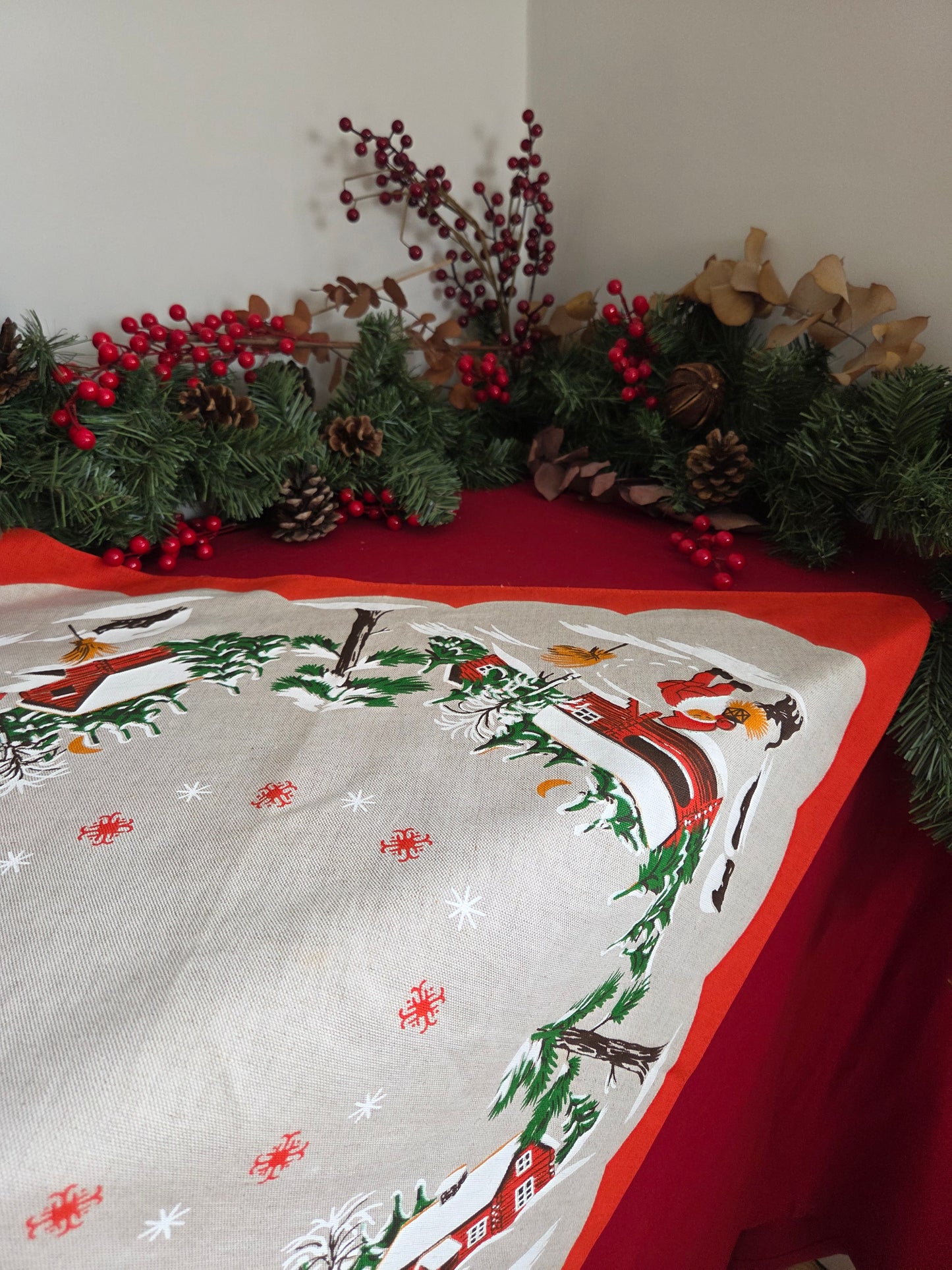Vintage Swedish Christmas Tablecloth - Houses and Tomtes