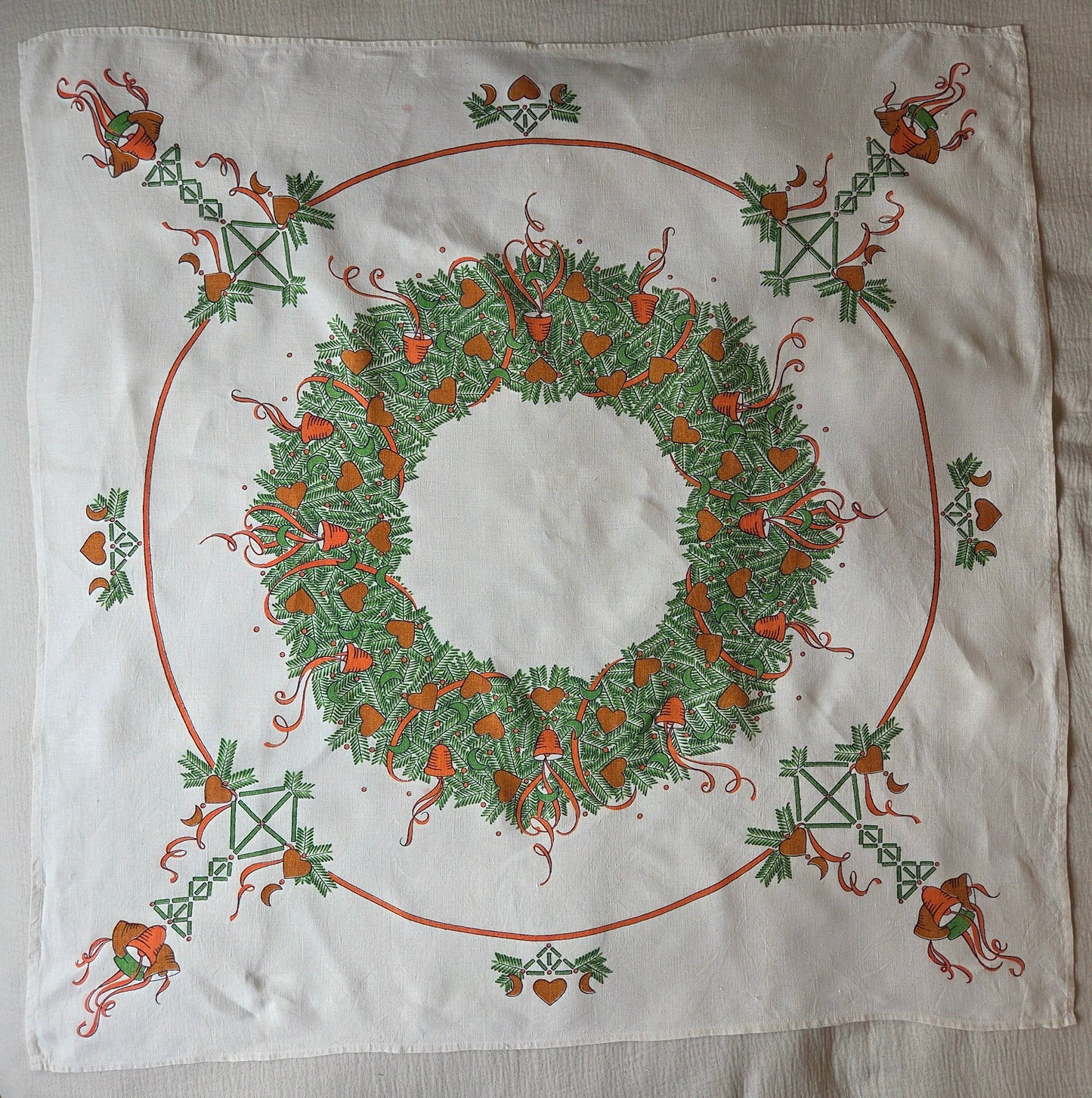 Vintage Swedish Christmas Tablecloth - Wreath and Hearts