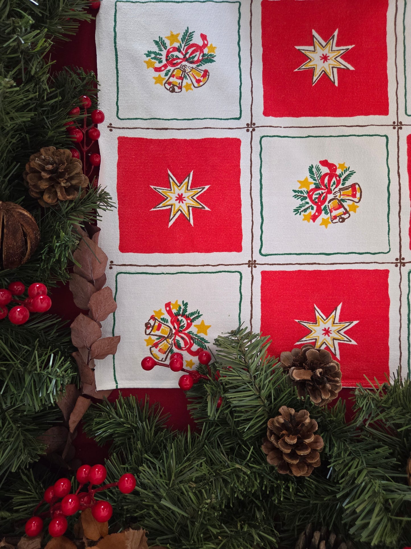 Vintage Swedish Christmas Tablecloth - Red and White Squares