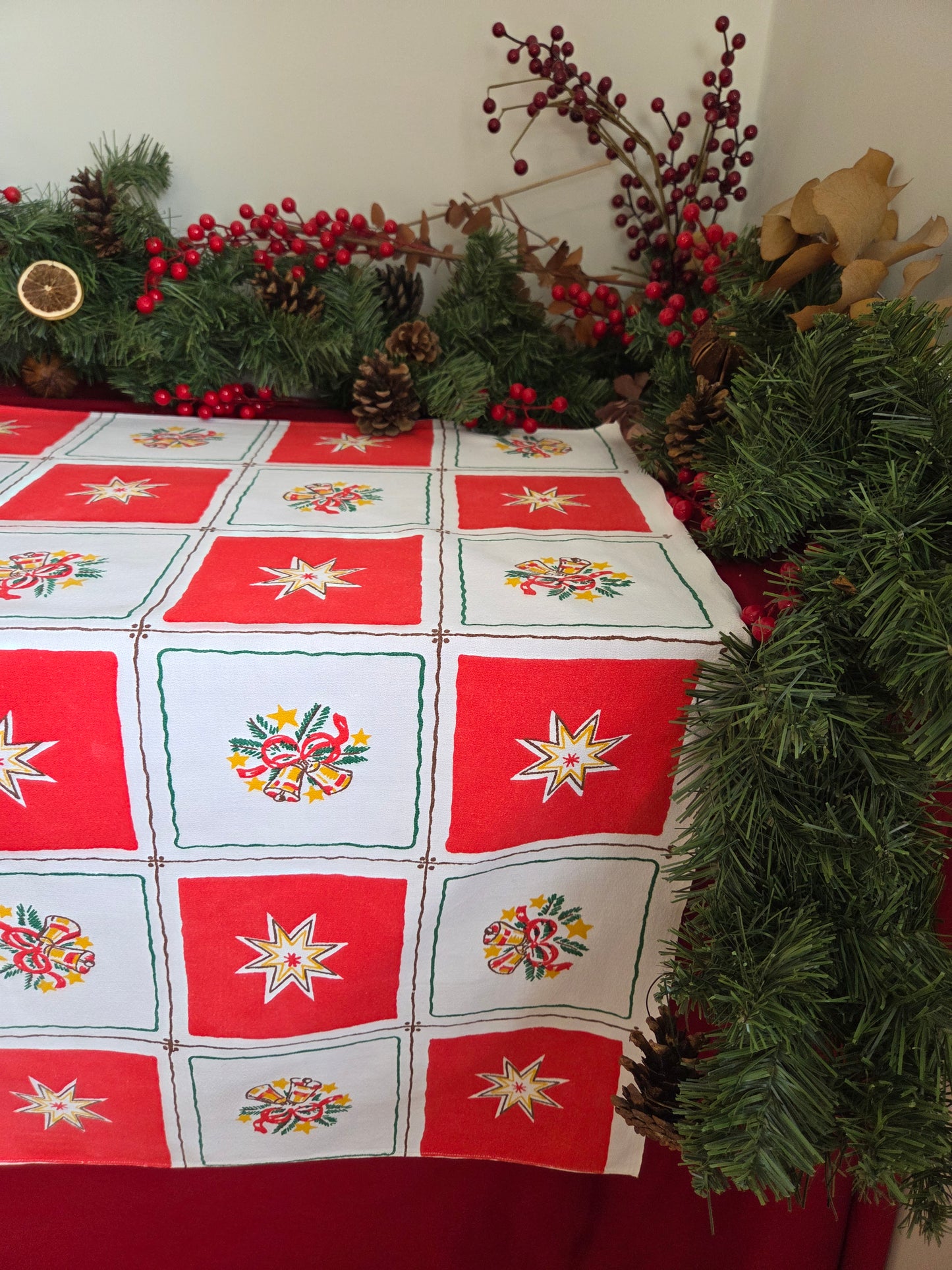 Vintage Swedish Christmas Tablecloth - Red and White Squares