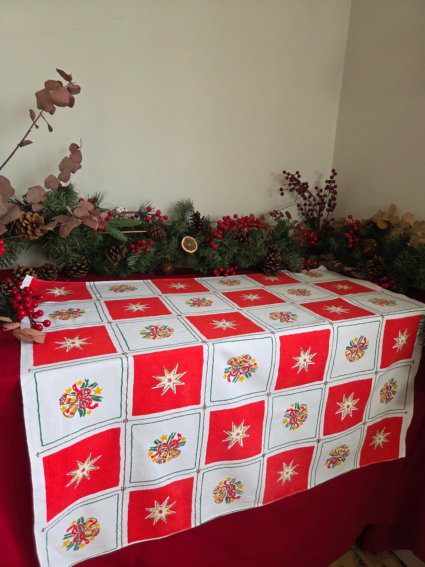 Vintage Swedish Christmas Tablecloth - Red and White Squares