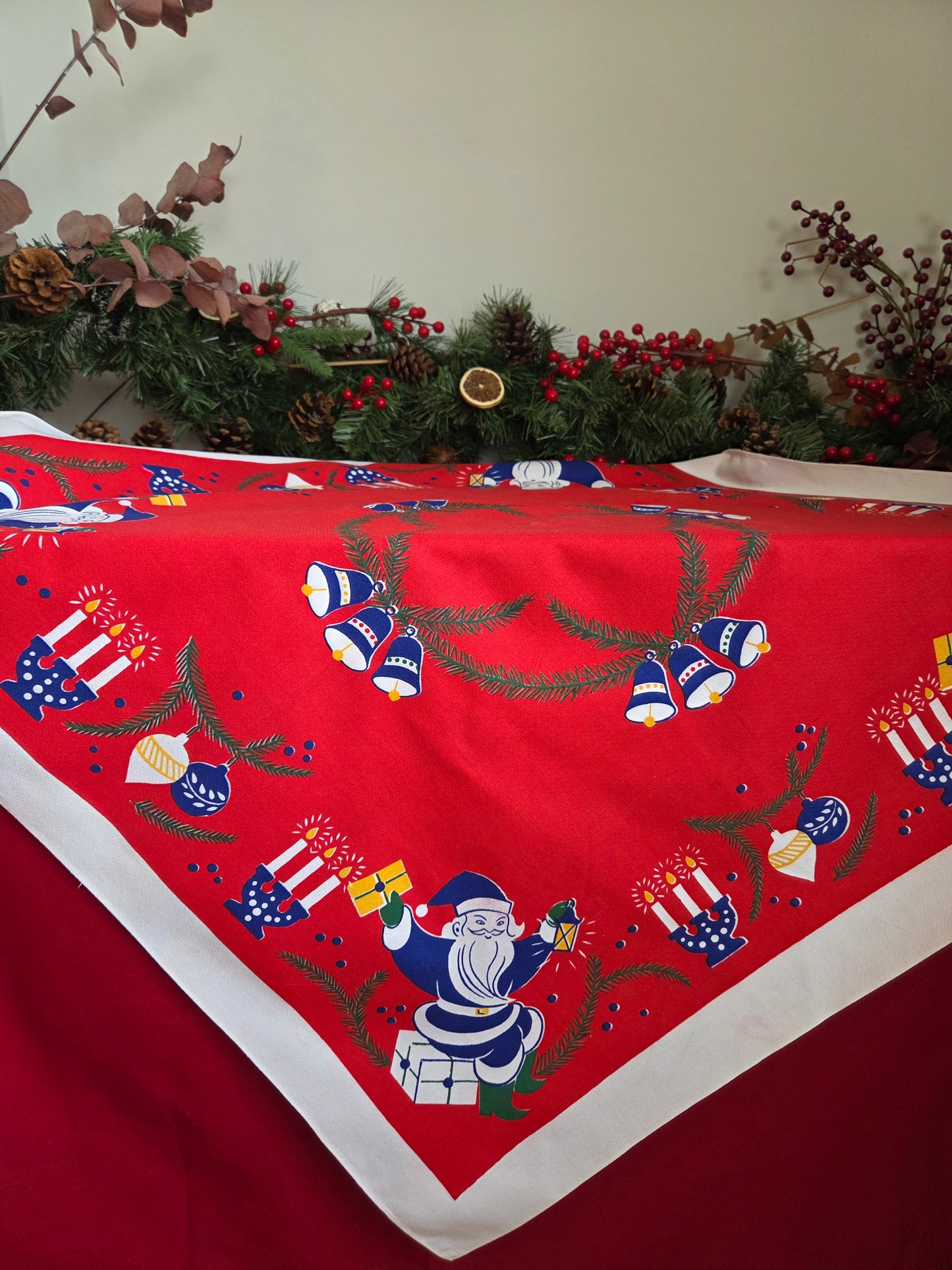 Vintage Swedish Christmas Tablecloth - Candles, Tomtes and Baubles