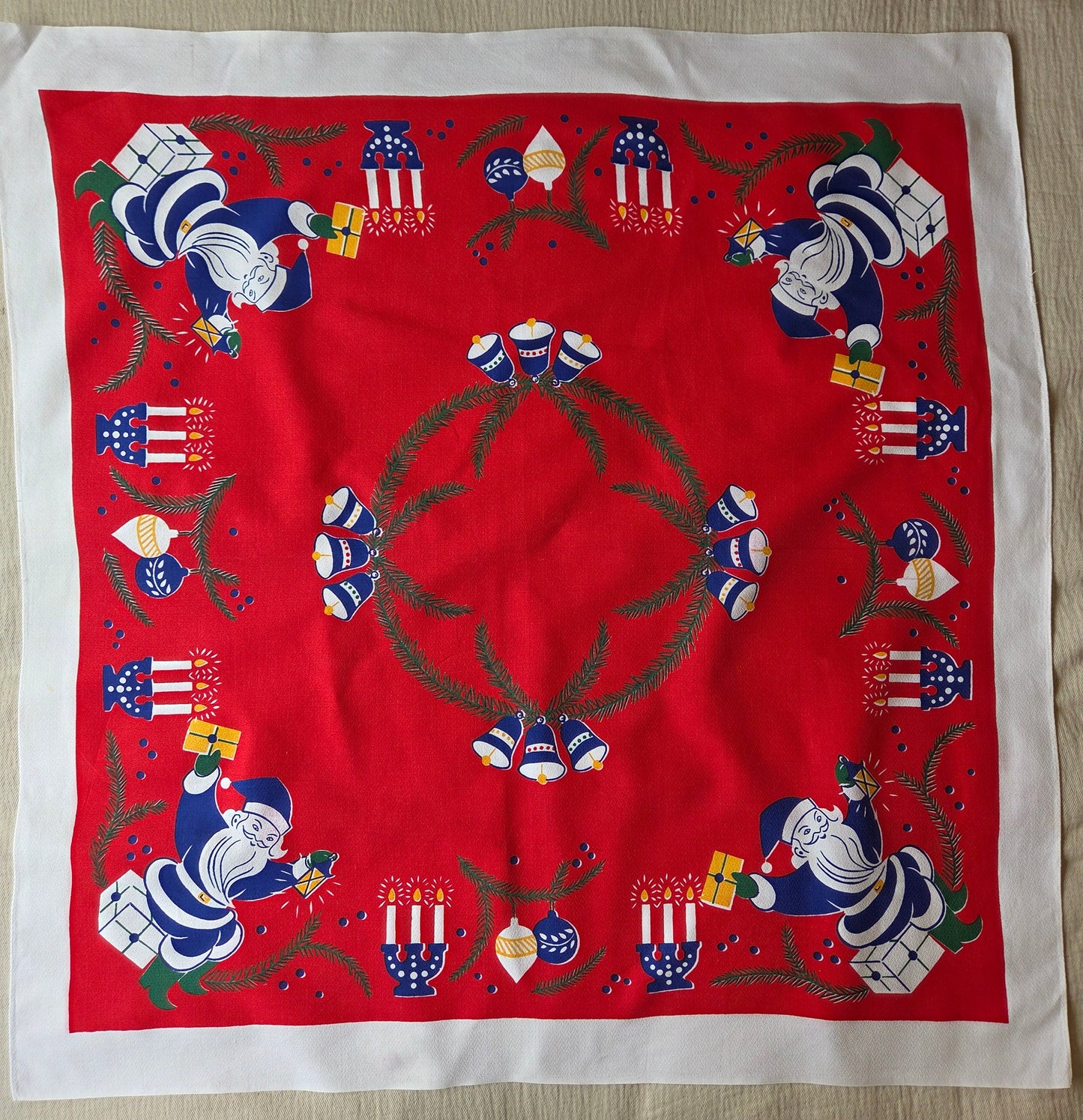 Vintage Swedish Christmas Tablecloth - Candles, Tomtes and Baubles