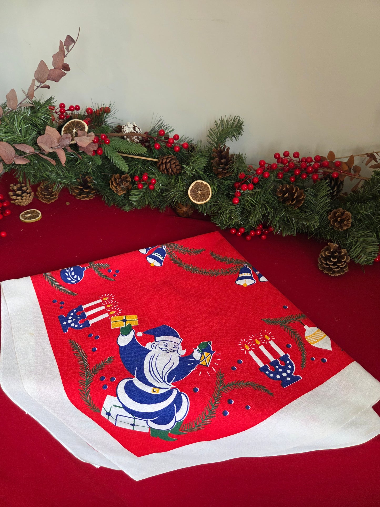 Vintage Swedish Christmas Tablecloth - Candles, Tomtes and Baubles