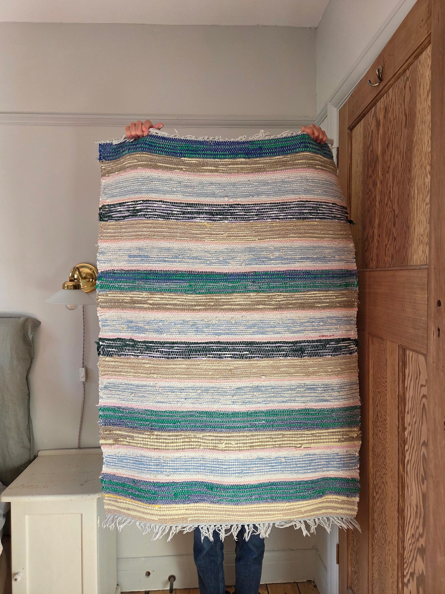 Vintage Swedish Rag Rug - Green, ochre and blue