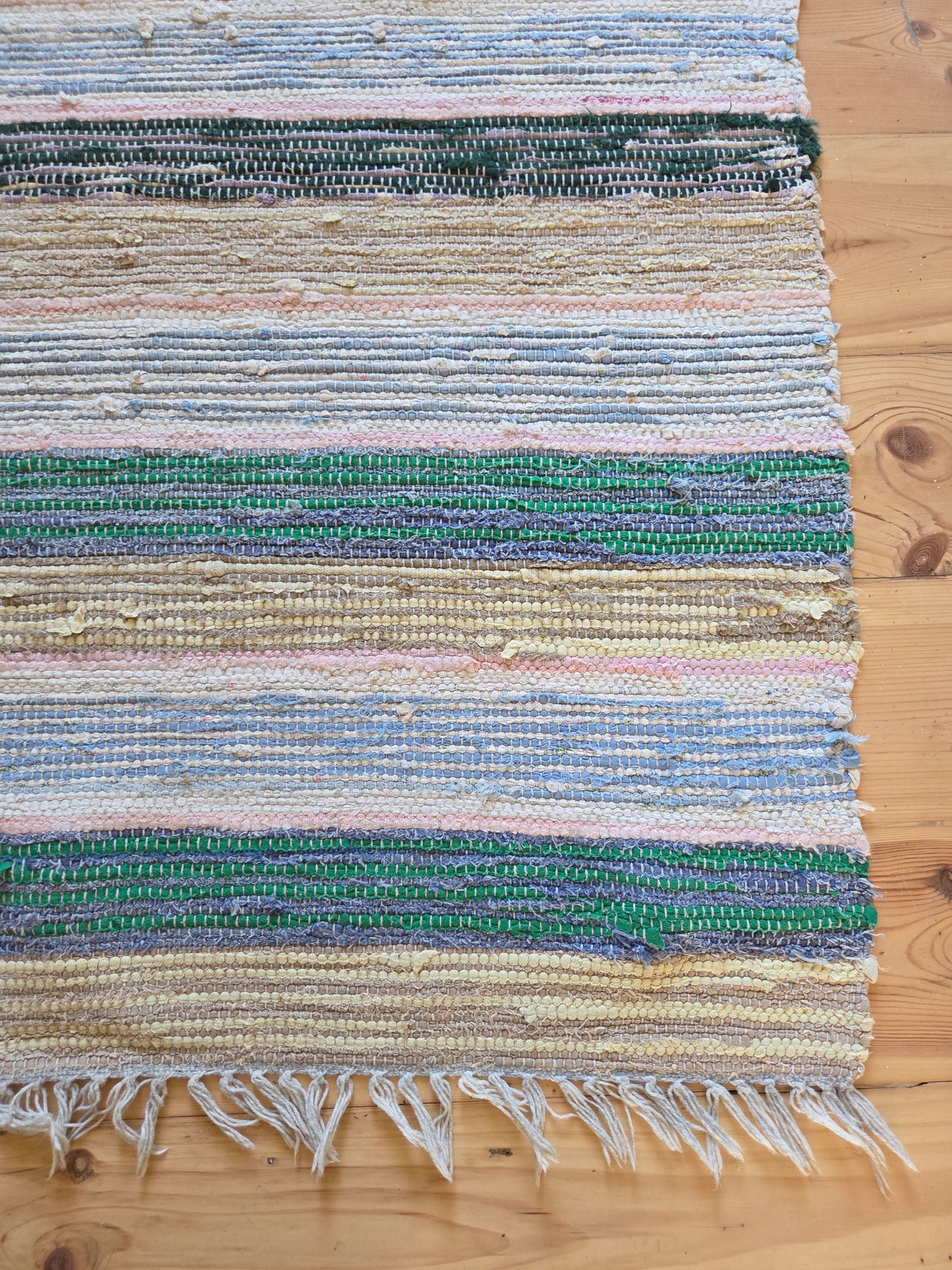 Vintage Swedish Rag Rug - Green, ochre and blue
