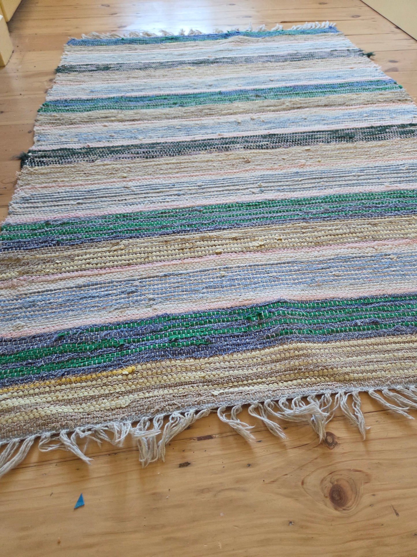 Vintage Swedish Rag Rug - Green, ochre and blue