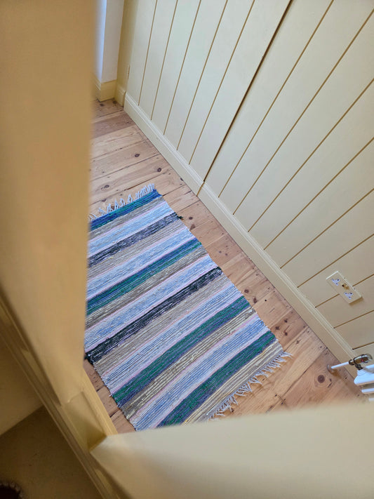 Vintage Swedish Rag Rug - Green, ochre and blue