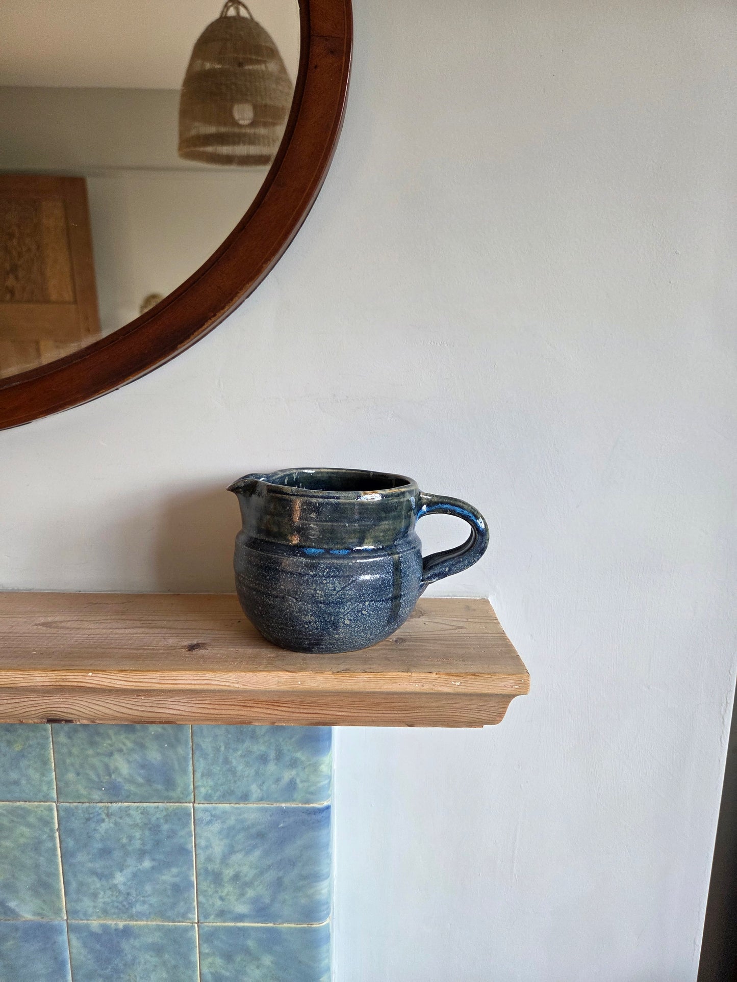 Vintage Blue Studio Pottery Jug - Wide Neck