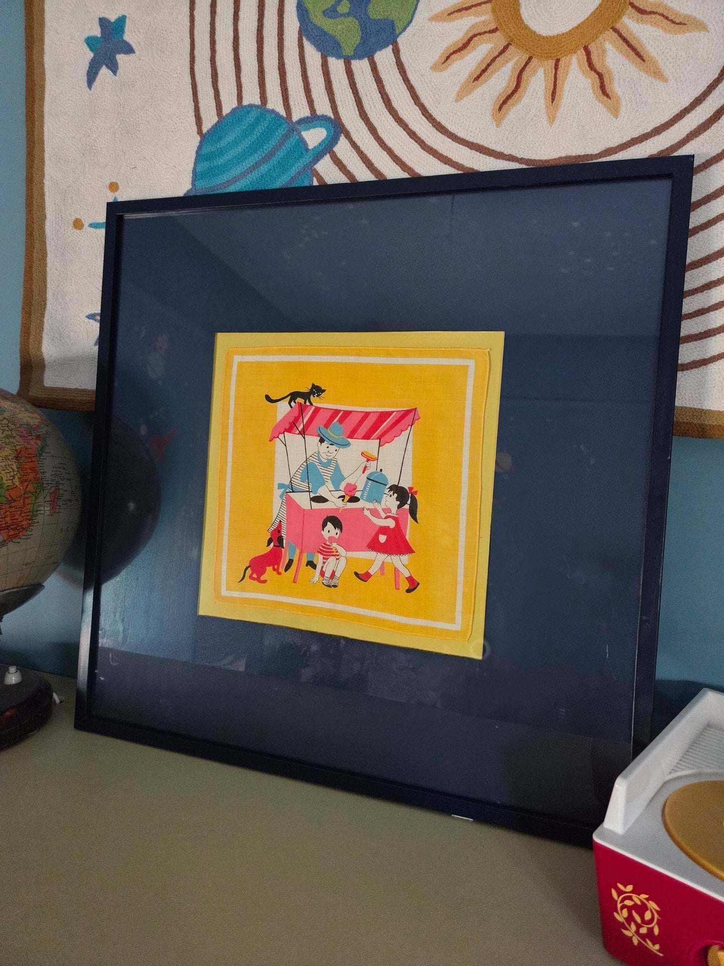 Framed Vintage Childs Handkerchief - Ice Cream Van