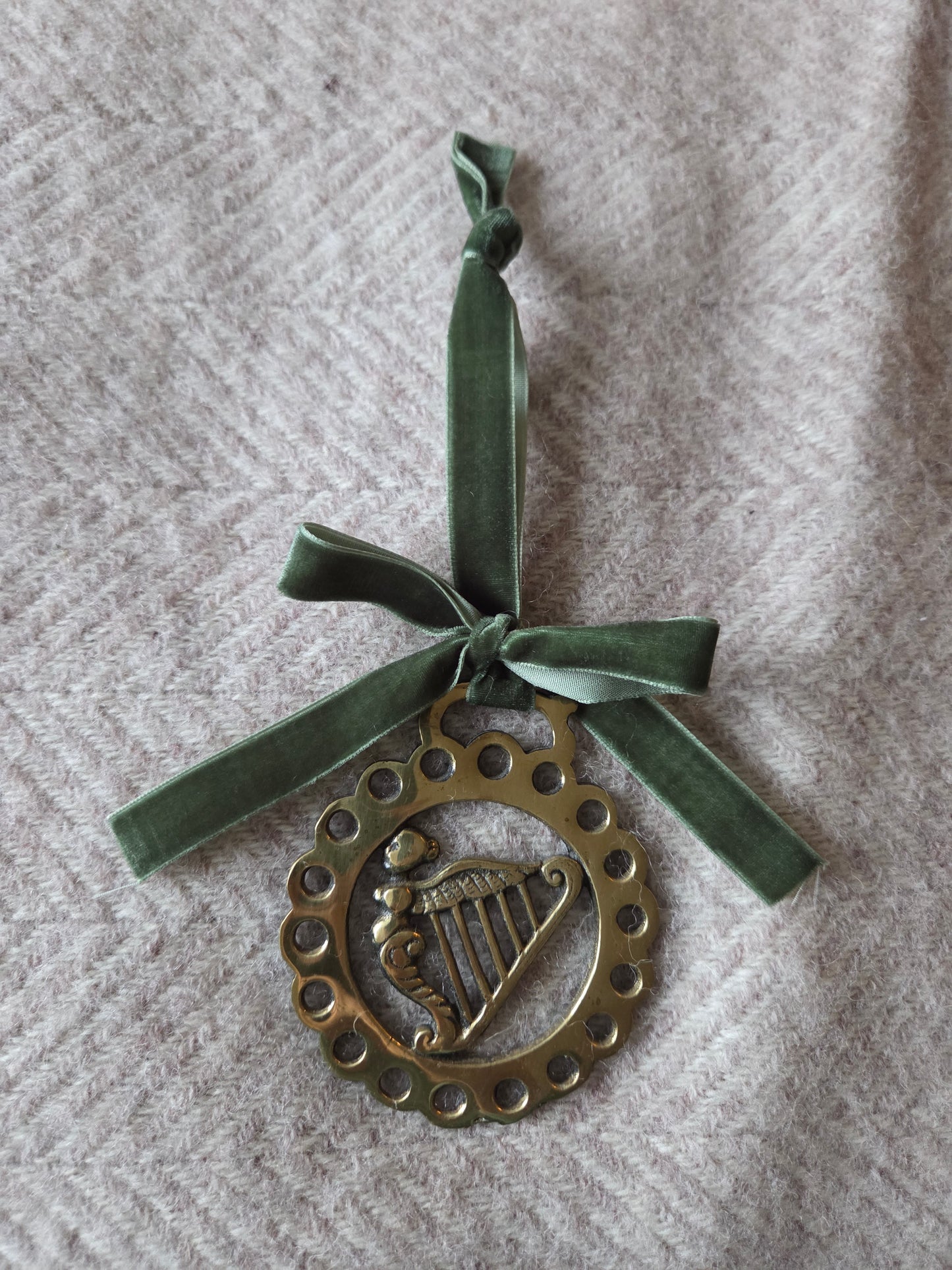 Brass Harp Decoration with Green Ribbon
