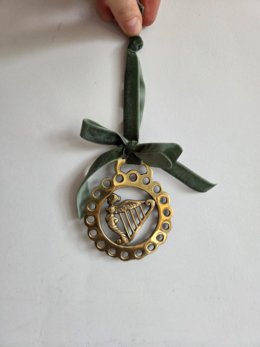 Brass Harp Decoration with Green Ribbon