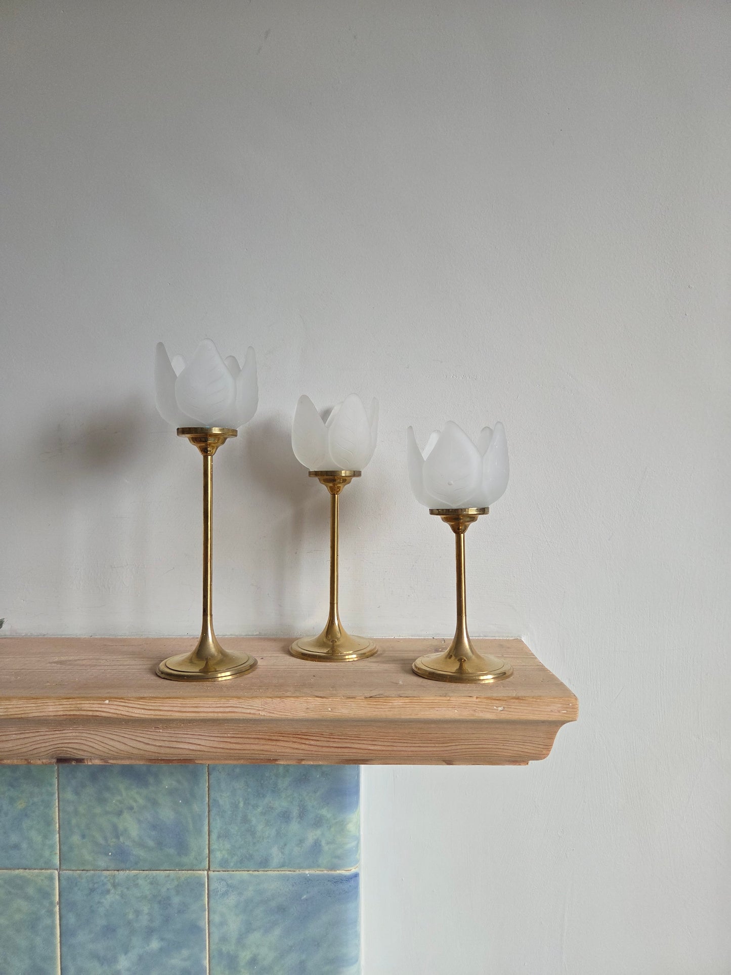 Set of 3 Brass and Glass Tulip Candle Holders