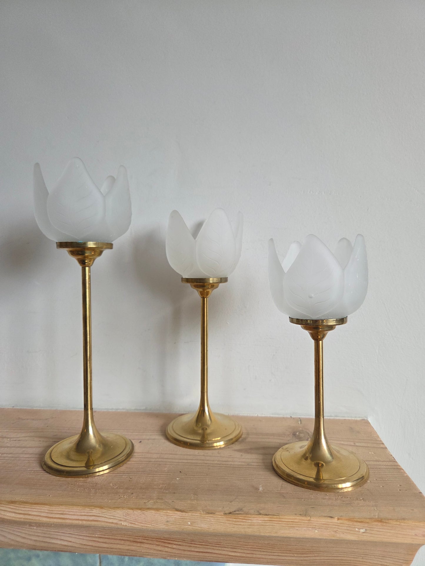 Set of 3 Brass and Glass Tulip Candle Holders