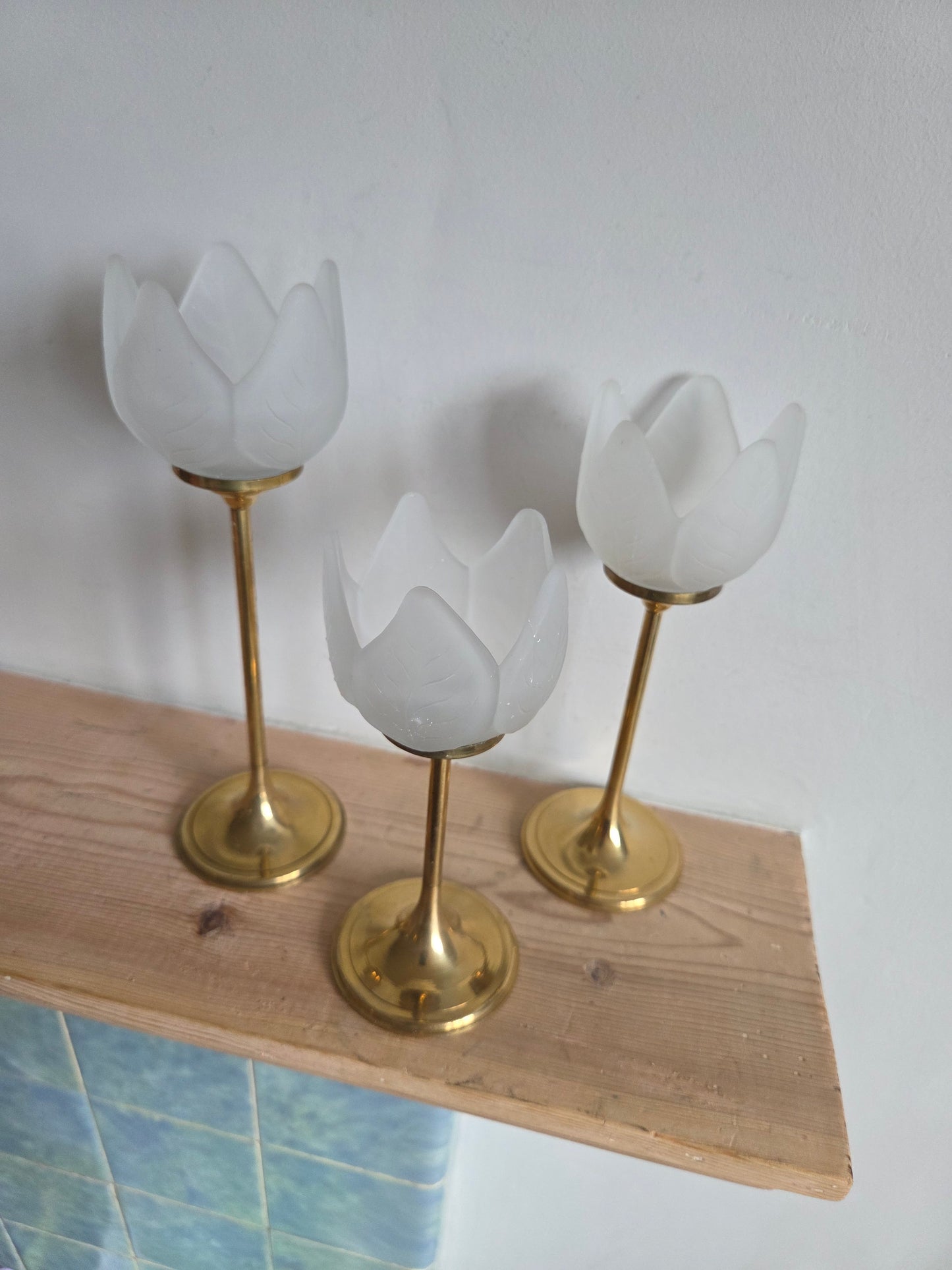 Set of 3 Brass and Glass Tulip Candle Holders