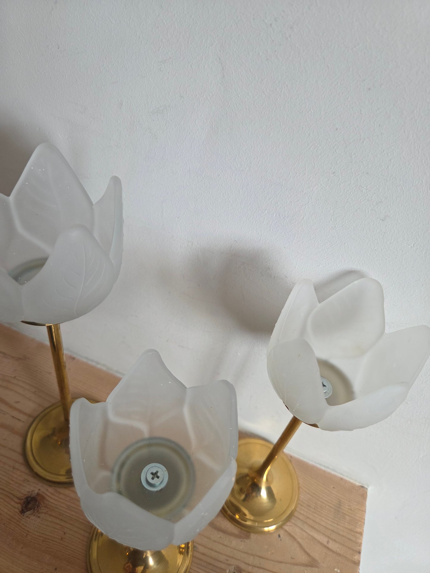 Set of 3 Brass and Glass Tulip Candle Holders