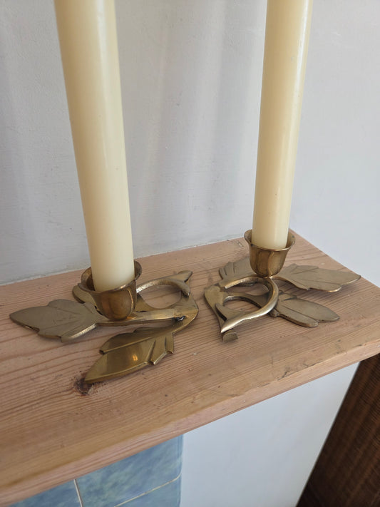 Vintage Brass Leaf Candlesticks