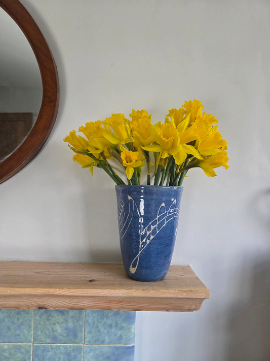 Blue Studio Pottery Vase with White Pattern