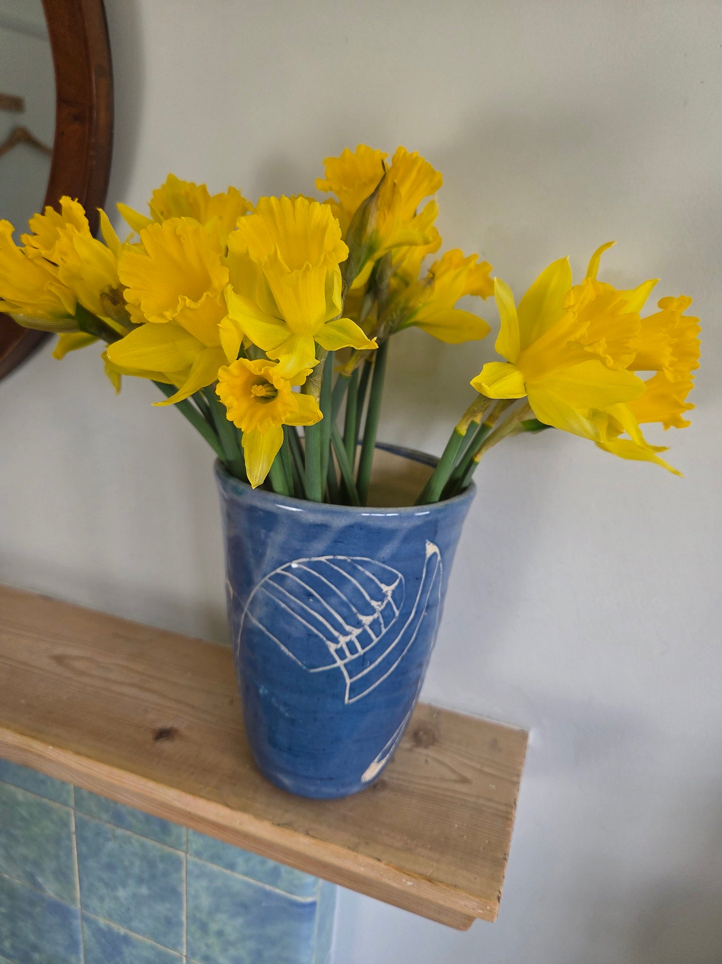 Blue Studio Pottery Vase with White Pattern