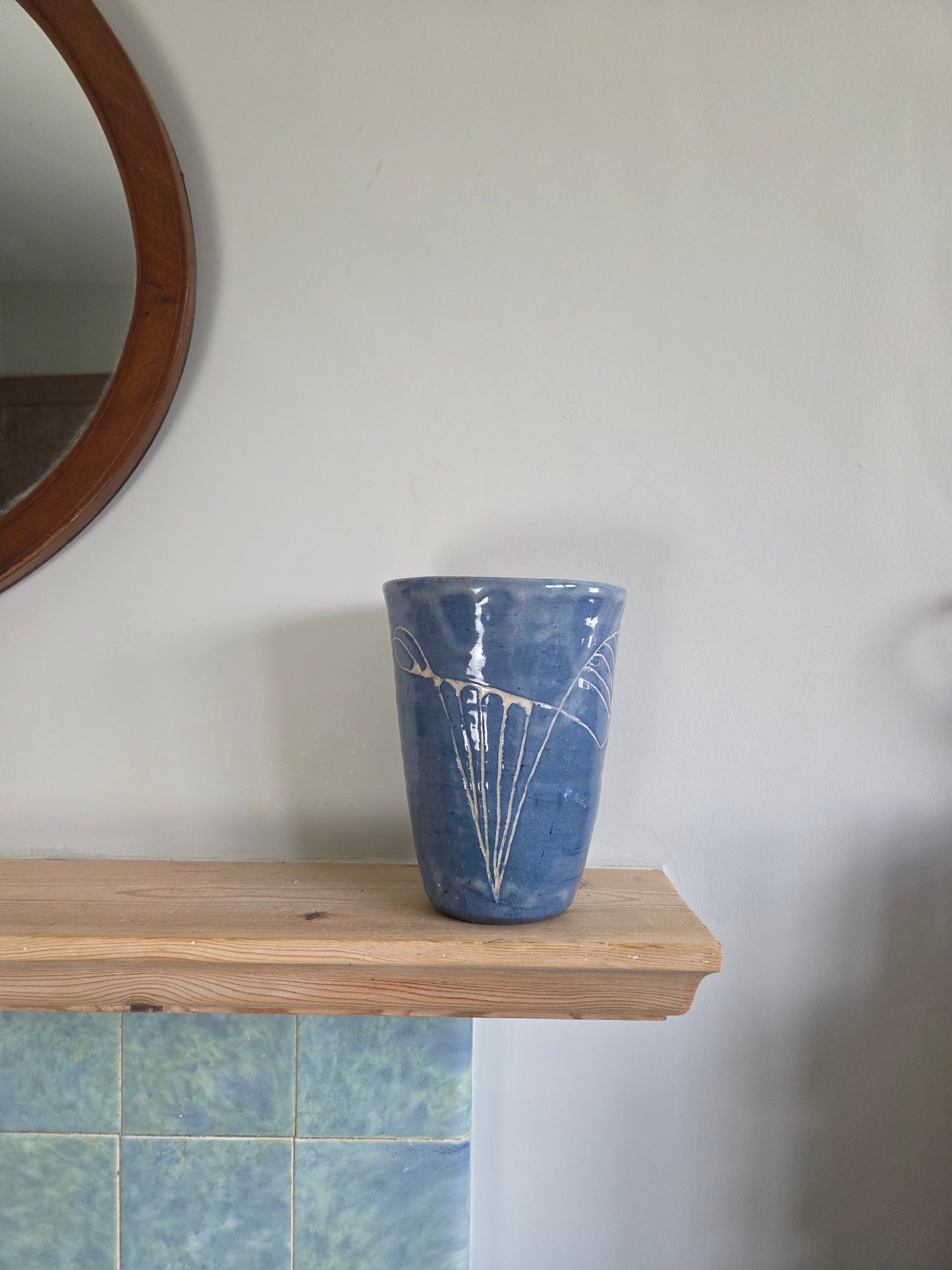 Blue Studio Pottery Vase with White Pattern