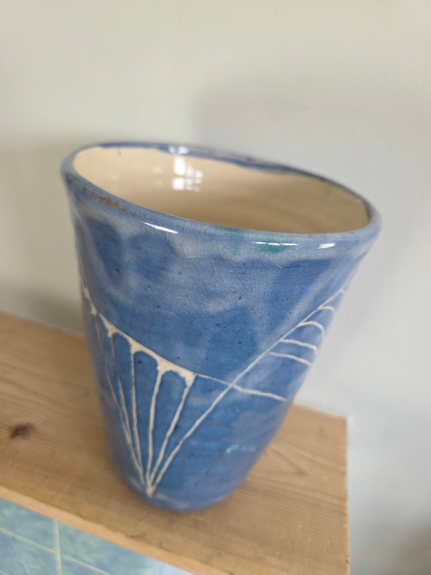 Blue Studio Pottery Vase with White Pattern