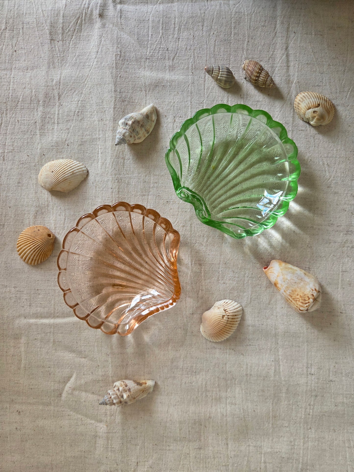 Vintage Glass Shell Trinket Bowls - Pink and Green