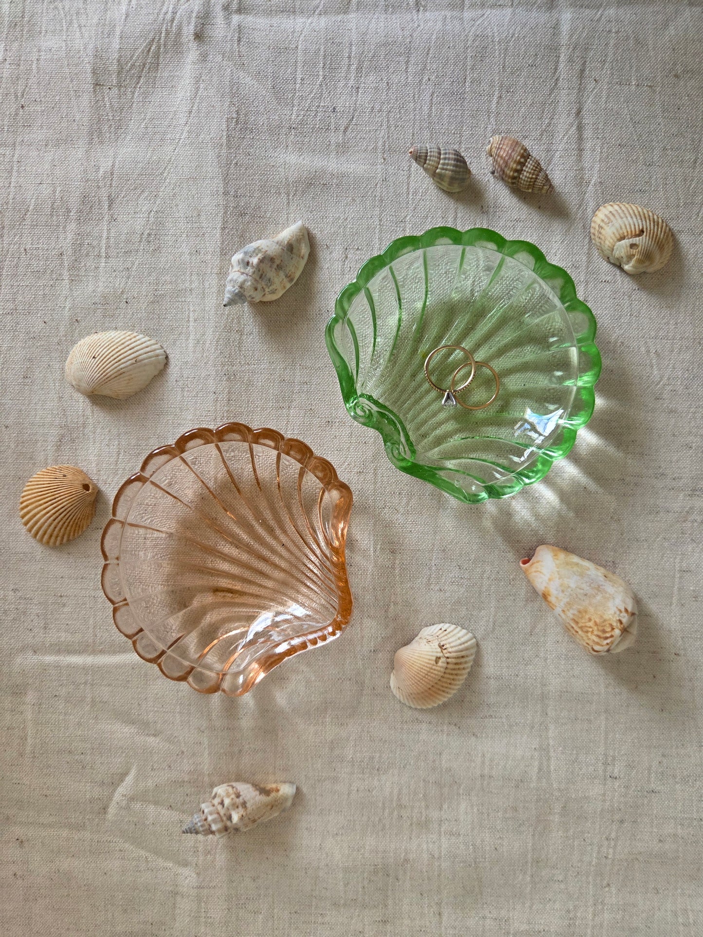 Vintage Glass Shell Trinket Bowls - Pink and Green