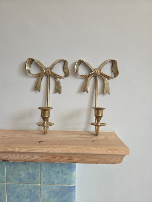 Vintage Brass Bow Candle Sconces