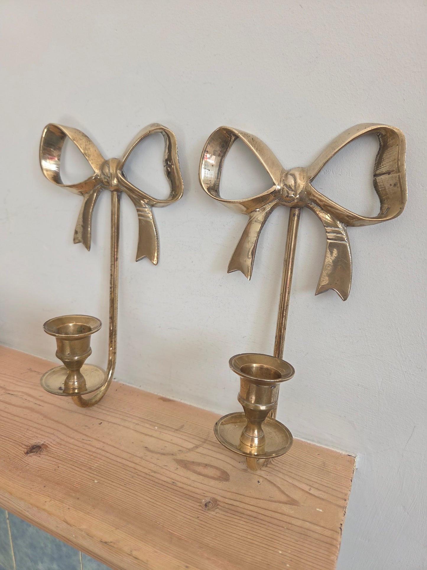 Vintage Brass Bow Candle Sconces
