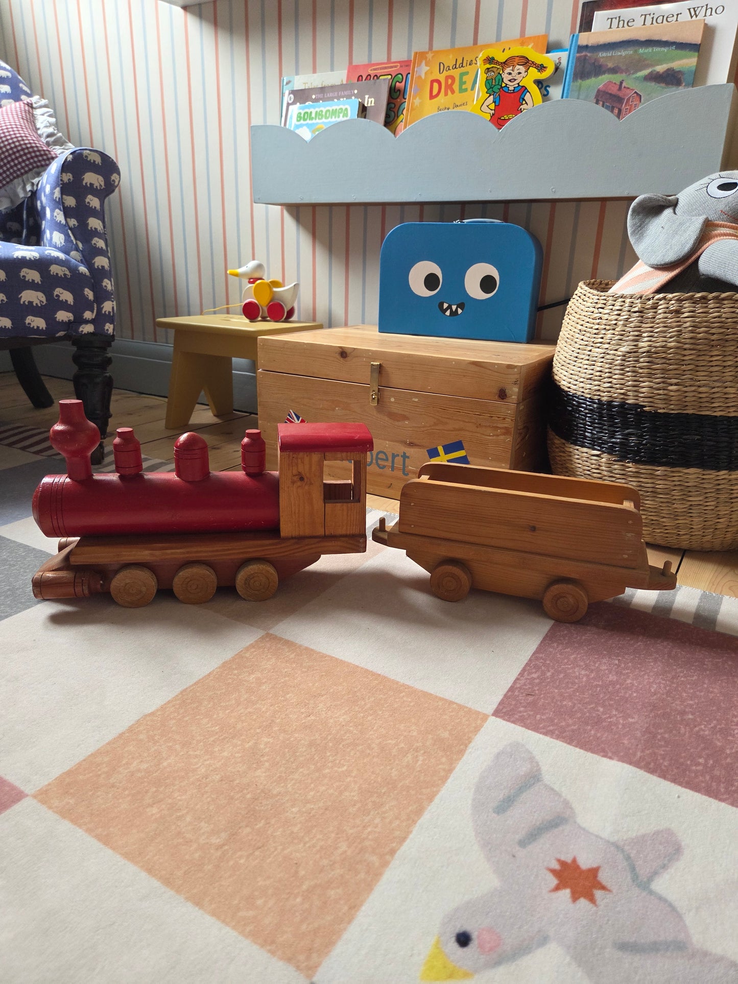 Large Vintage Wooden Train with Cart