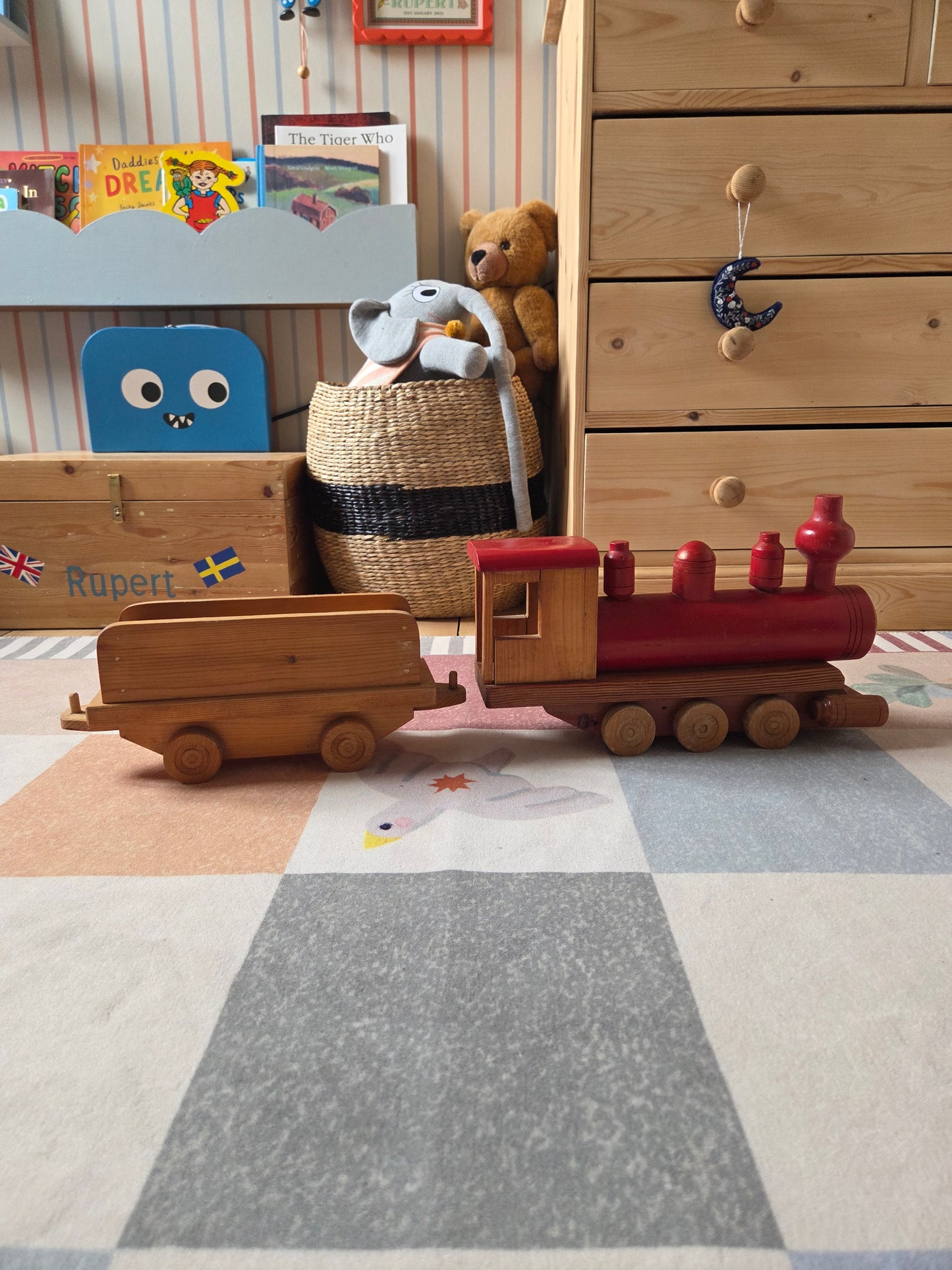 Large Vintage Wooden Train with Cart