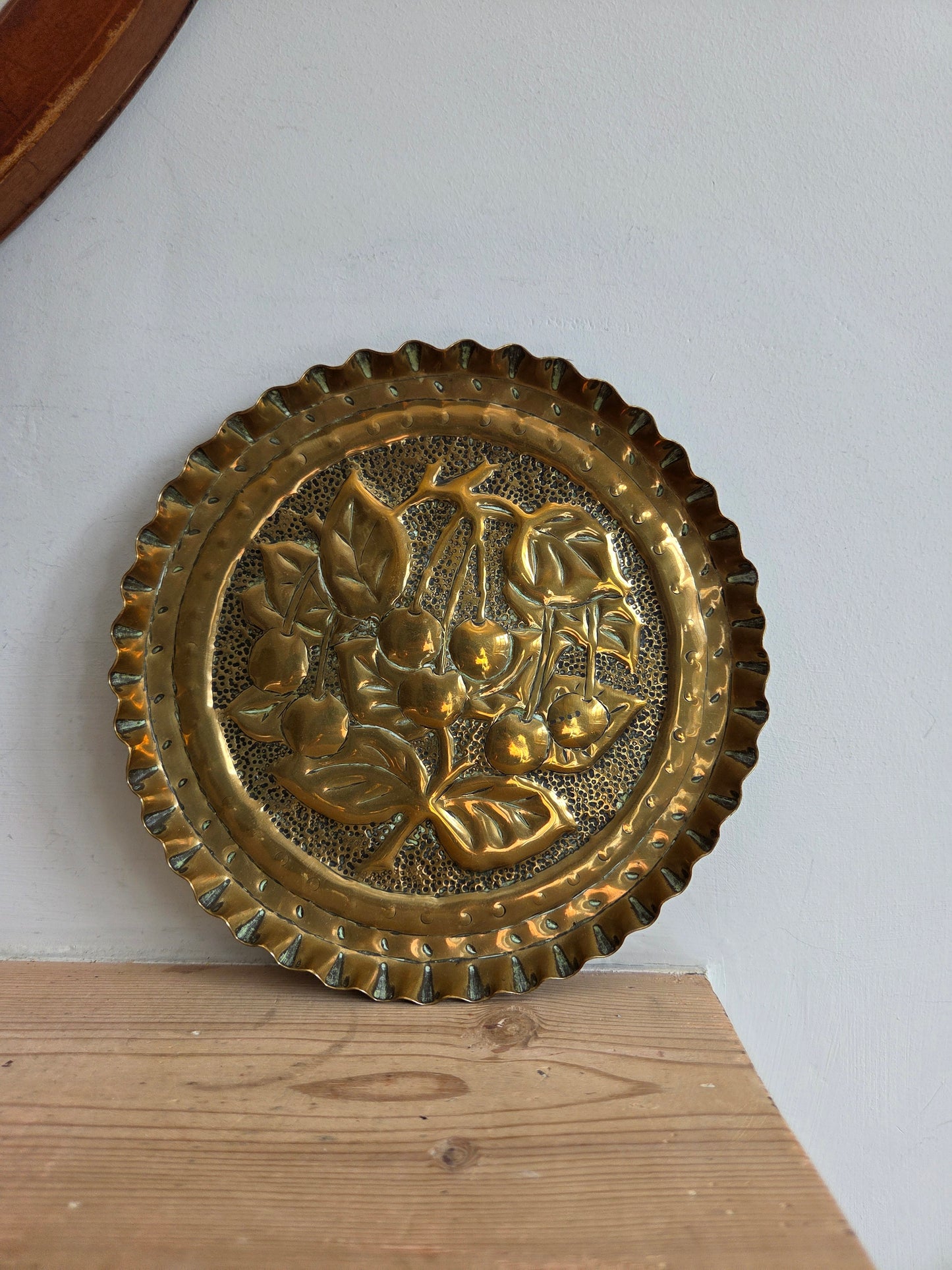 Vintage Brass Tray or Wall Plate - Cherry Motif