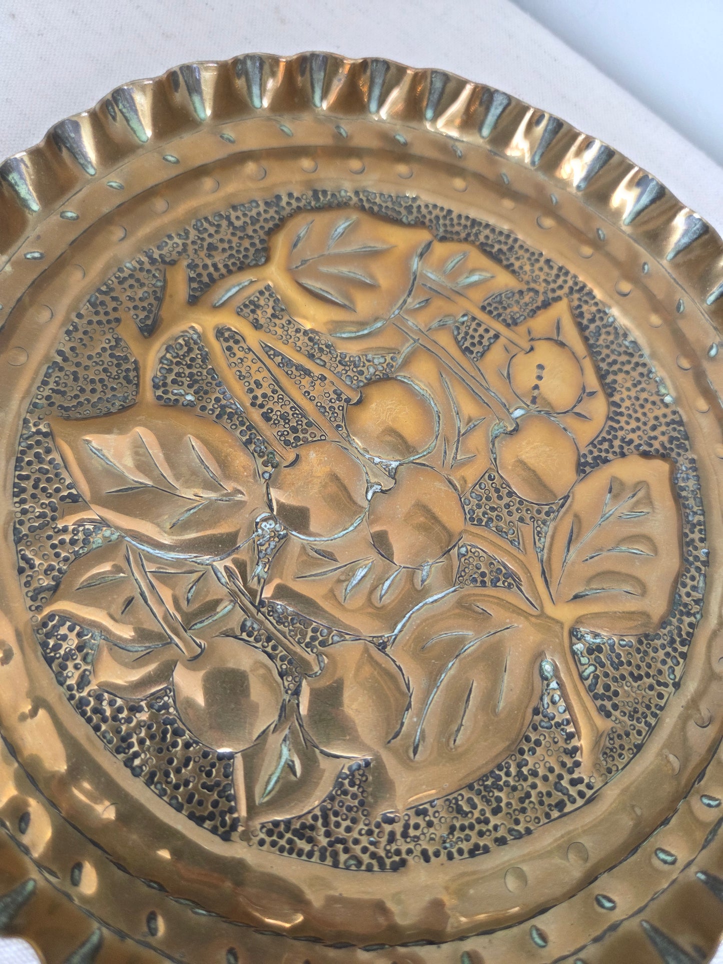 Vintage Brass Tray or Wall Plate - Cherry Motif