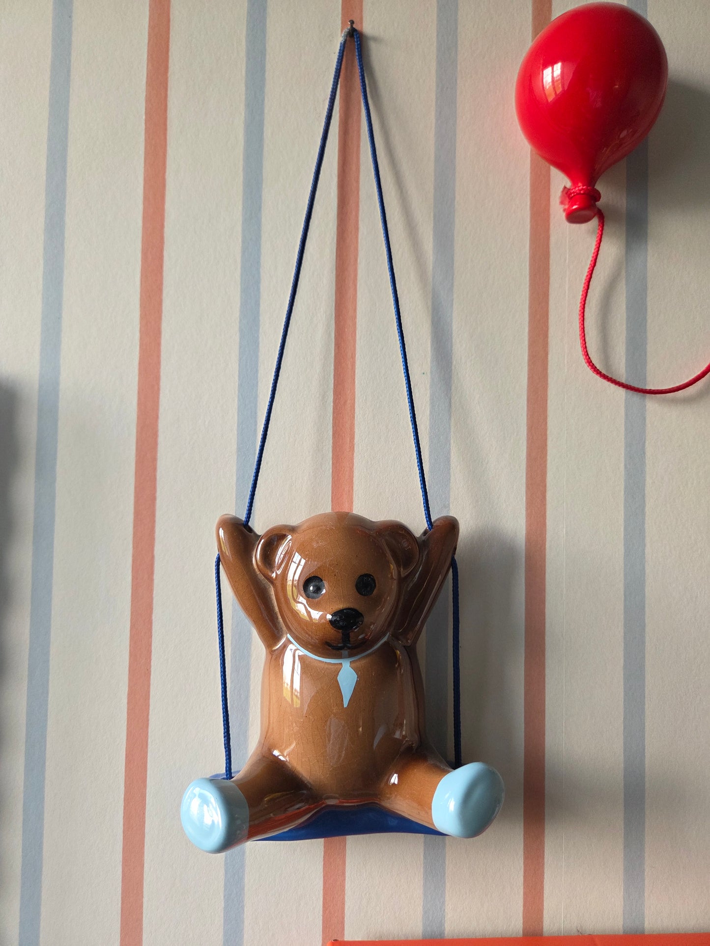 Vintage Ceramic Wall Bear on Blue Swing